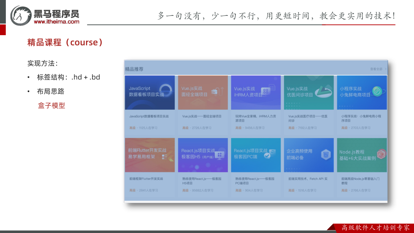课件第31页：精品课程（course） 实现方法： • 标签结构：.hd + .bd • 布局