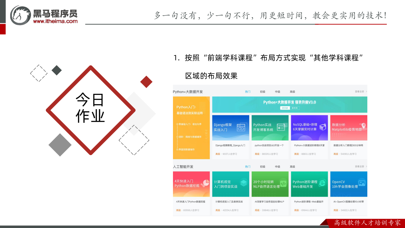 课件第38页：今日 作业 1. 按照“前端学科课程”布局方式实现“其他学科课程” 区域的布局效