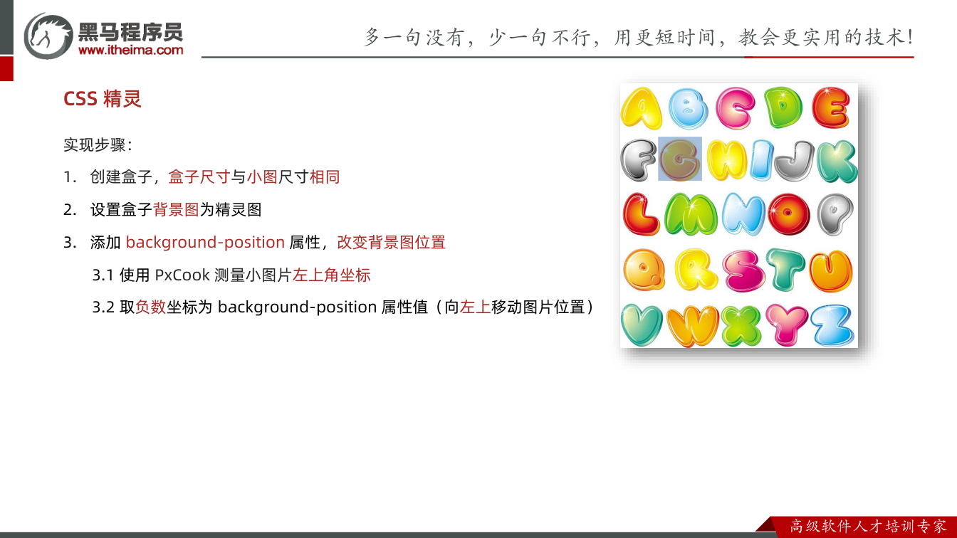 课件第14页：CSS 精灵 实现步骤： 1. 创建盒子，盒子尺寸与小图尺寸相同 2. 设置盒子