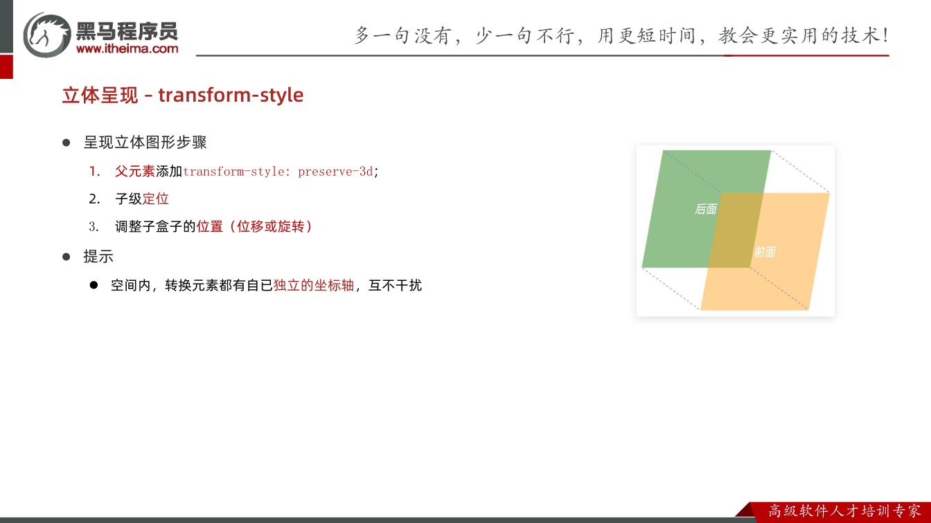 课件第10页:l 呈现立体图形步骤 1. 父元素添加transform-style: pres