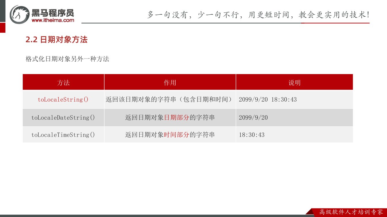 课件第10页：2.2 日期对象方法 格式化日期对象另外一种方法 方法 作用 说明 toLoca