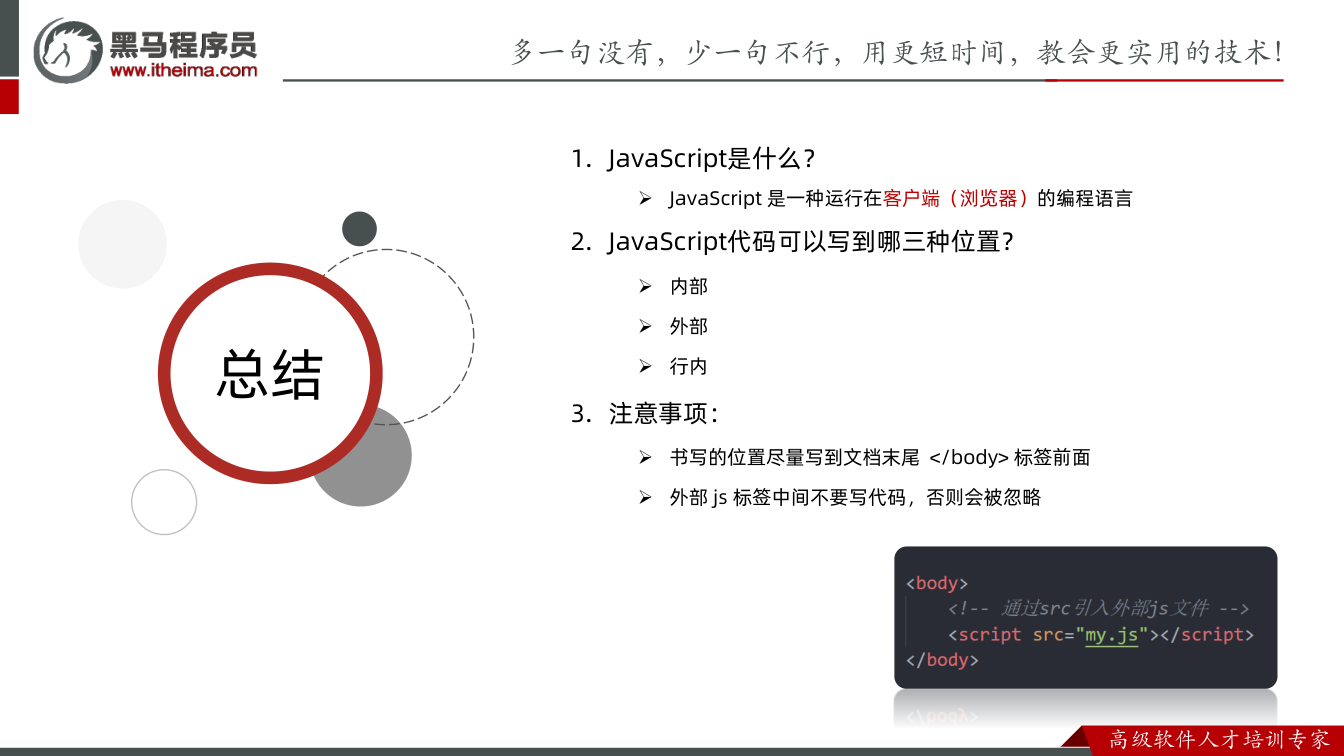 课件第21页：总结 总结 1. JavaScript是什么？  JavaScript 是一种