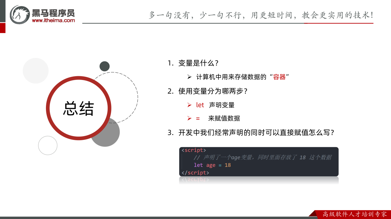 课件第41页：总结 总结 1. 变量是什么？ 计算机中用来存储数据的“容器” 2. 使用变量