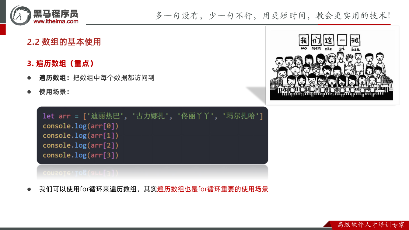 课件第19页：2.2 数组的基本使用 3. 遍历数组（重点） l 遍历数组：把数组中每个数据都