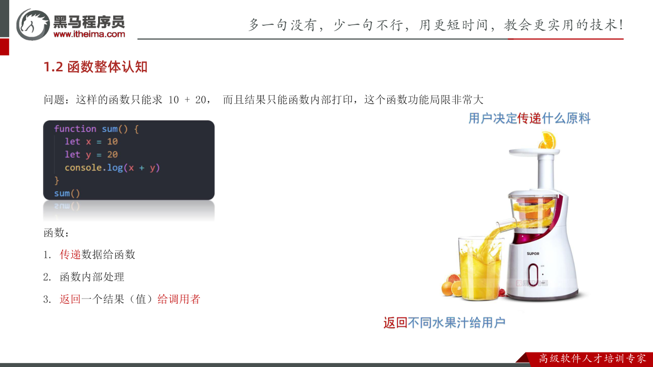 课件第11页：1.2 函数整体认知 问题：这样的函数只能求 10 + 20， 而且结果只能函数