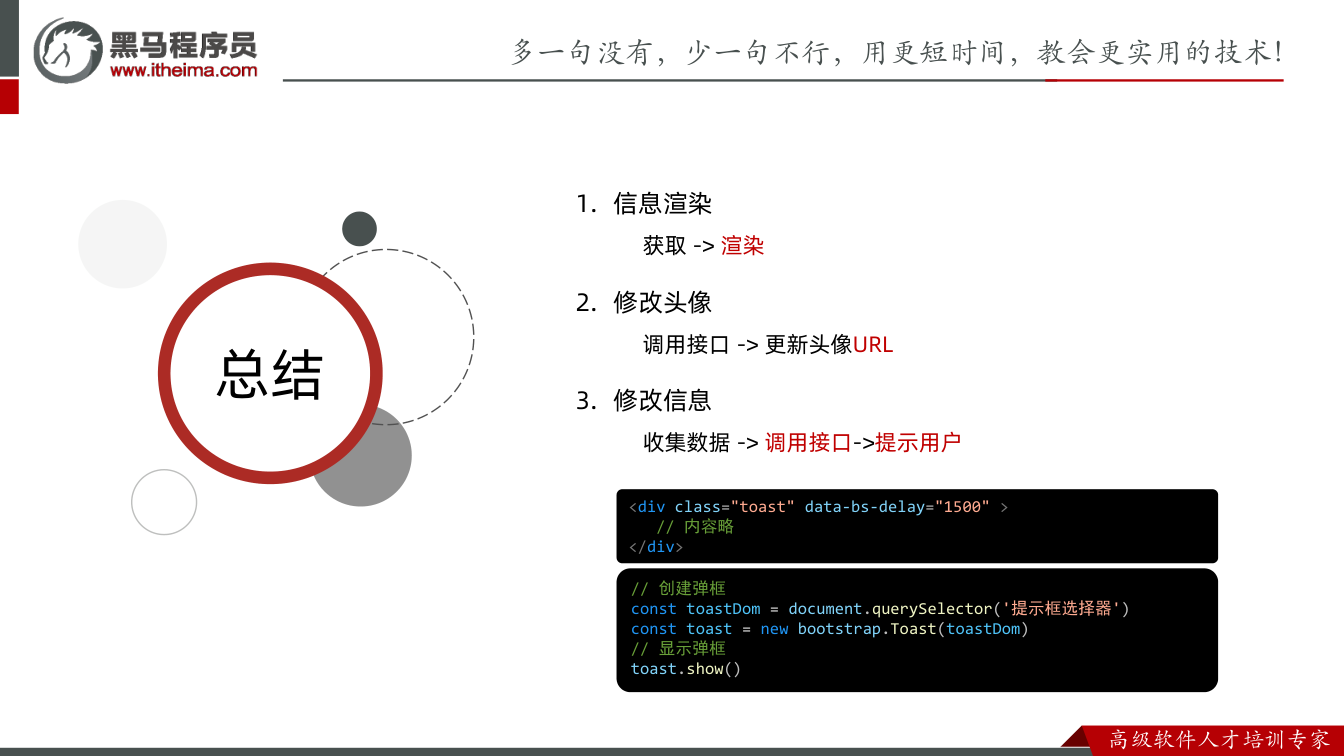 课件第29页:总结 总结 1. 信息渲染 获取-> 渲染 2. 修改头像 调用接口-> 更新头