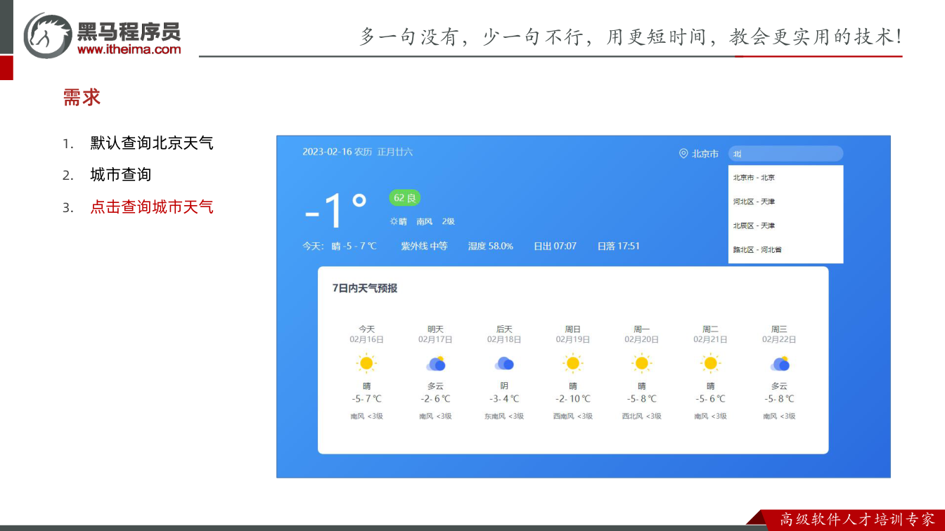 课件第34页：1. 默认查询北京天气 2. 城市查询 3. 点击查询城市天气 需求
