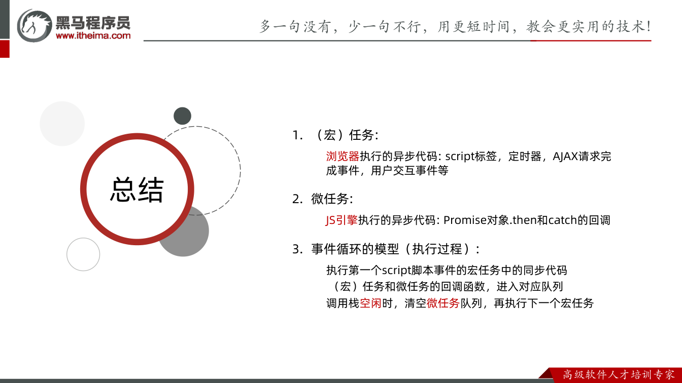 课件第29页：总结 总结 1. （宏）任务: 浏览器执行的异步代码: script标签，定时器