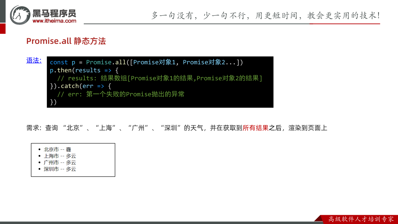 课件第34页：Promise.all 静态方法 语法: 需求: 查询“北京”、“上海”、“广州