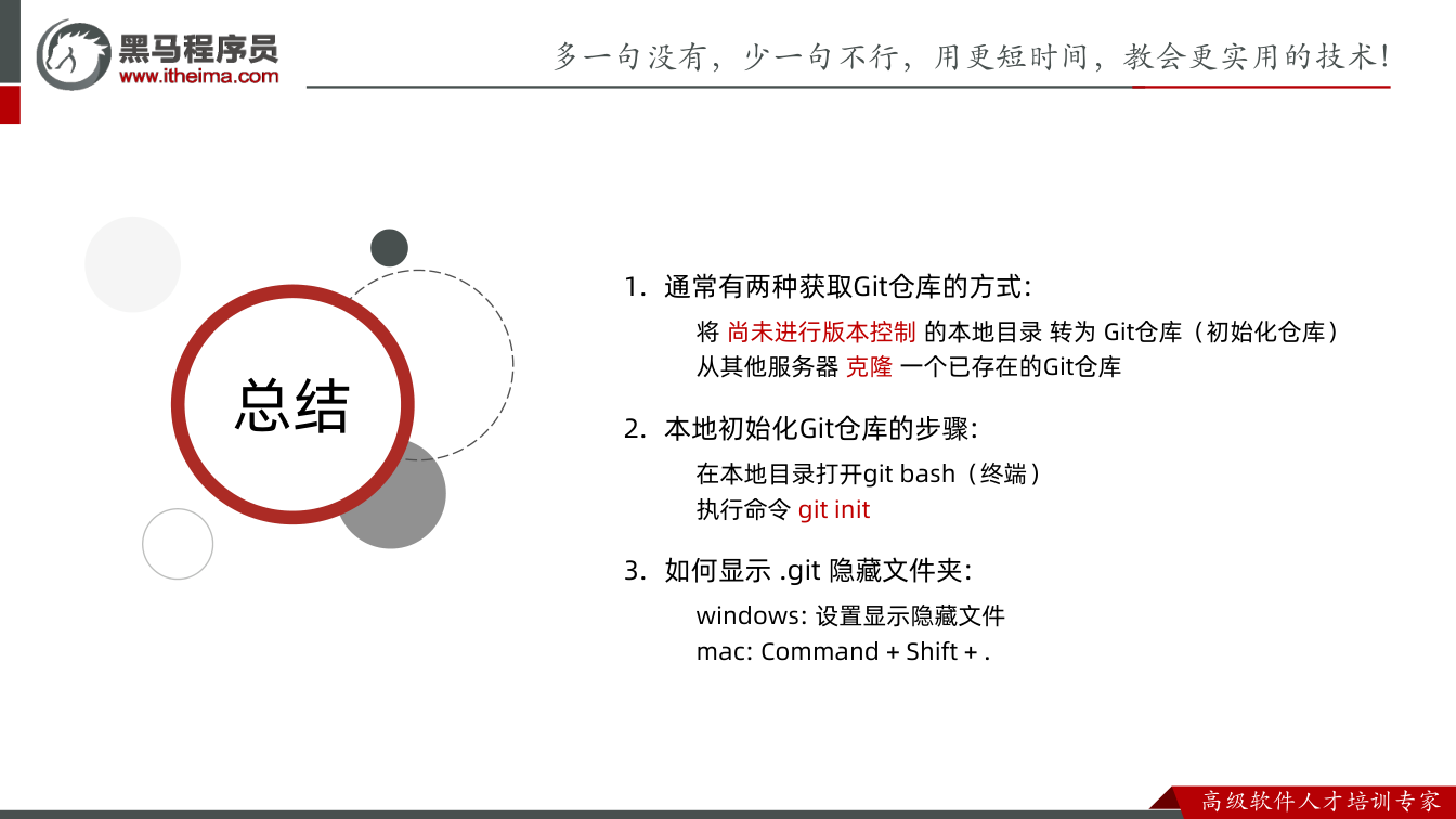课件第15页：总结 总结 1. 通常有两种获取Git仓库的方式: 将尚未进行版本控制的本地目录