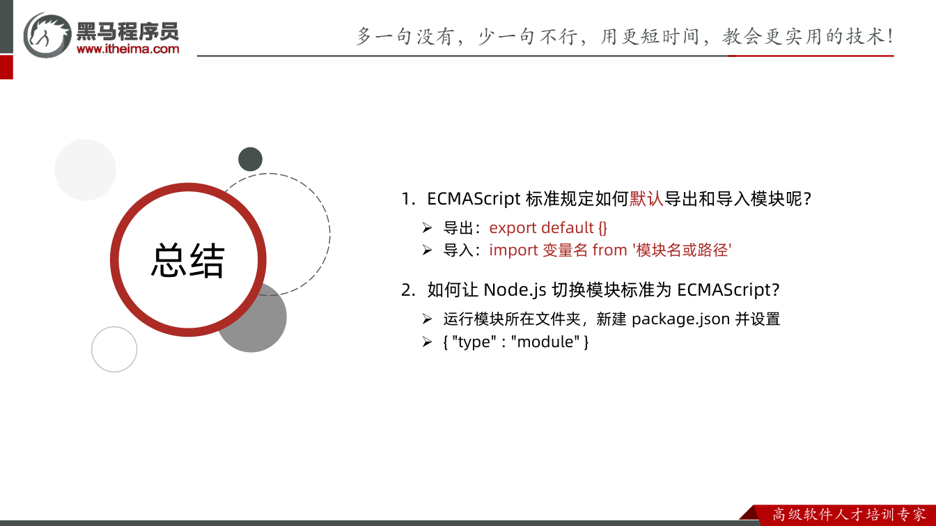 课件第7页：总结 总结 1. ECMAScript 标准规定如何默认导出和导入模块呢？ 导
