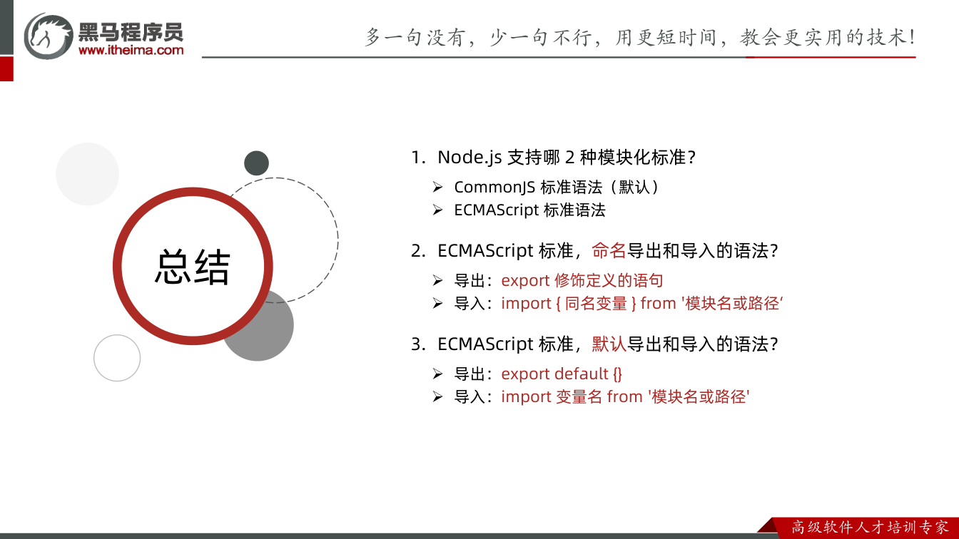 课件第9页：总结 总结 1. Node.js 支持哪2 种模块化标准？ CommonJS 