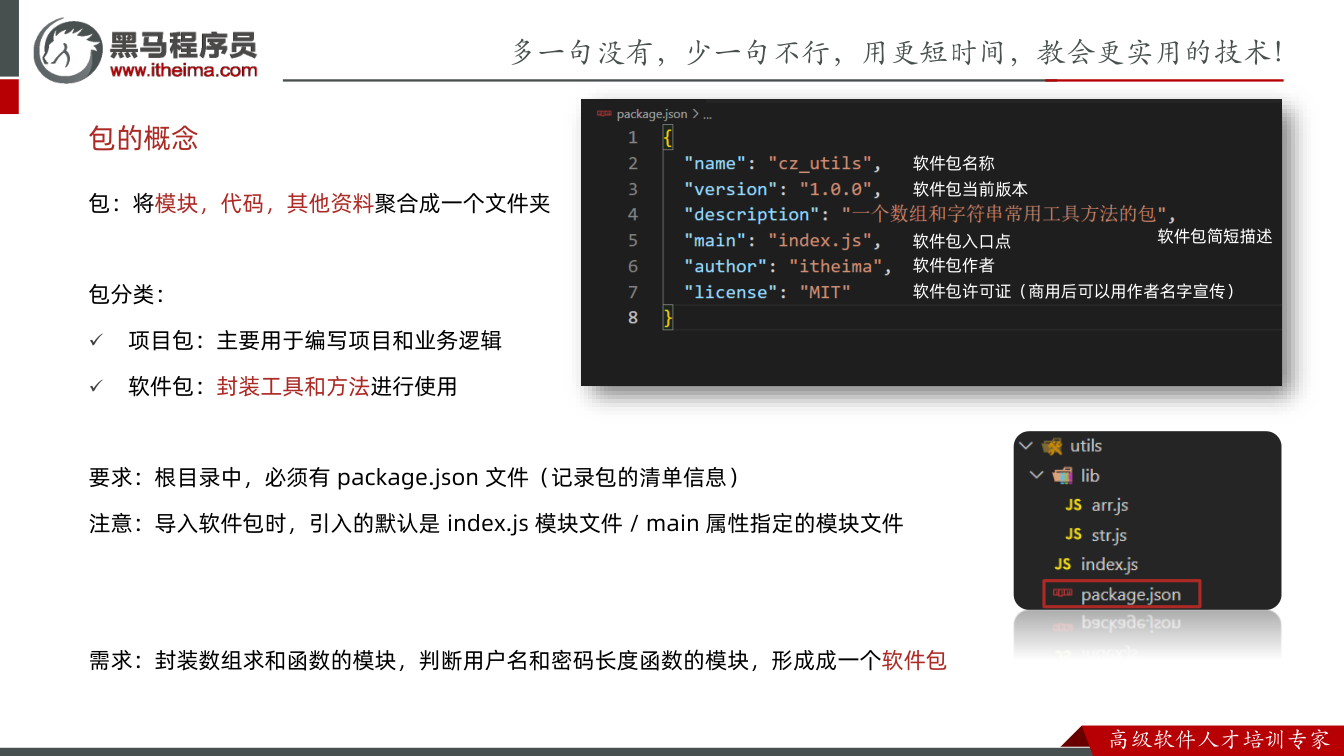 课件第10页：包：将模块，代码，其他资料聚合成一个文件夹 包分类：  项目包：主要用于编写项