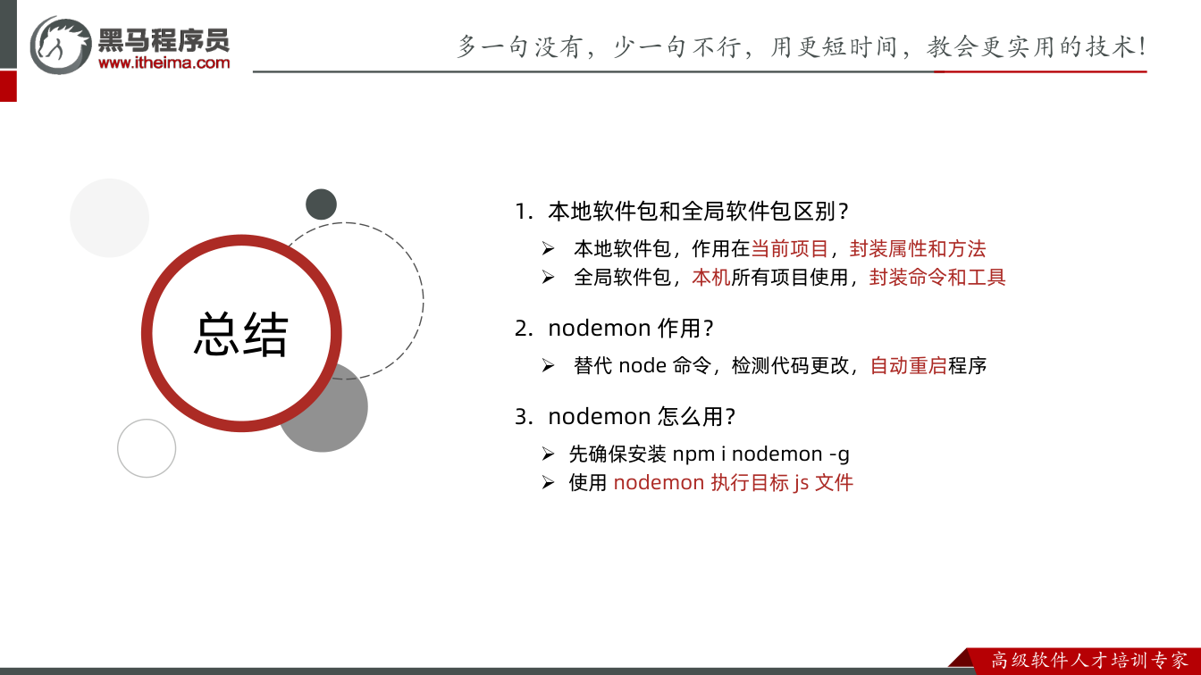 课件第18页：总结 总结 1. 本地软件包和全局软件包区别？  本地软件包，作用在当前项目，