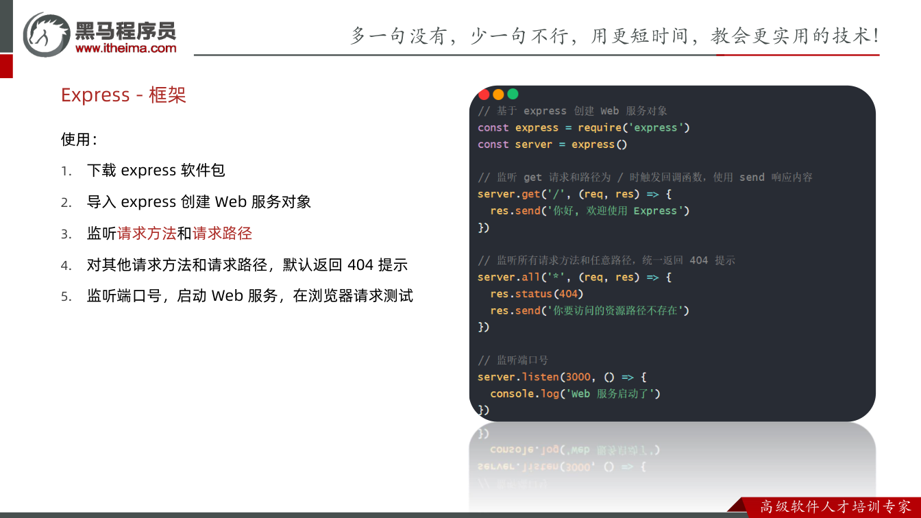 课件第23页：使用： 1. 下载express 软件包 2. 导入express 创建Web 