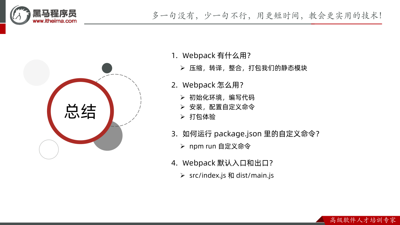 课件第6页：总结 总结 1. Webpack 有什么用？ 压缩，转译，整合，打包我们的静态