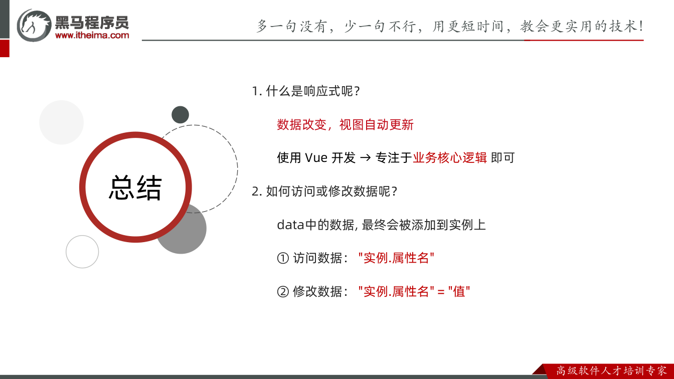 课件第26页：总结 总结 1. 什么是响应式呢？ 数据改变，视图自动更新 使用Vue 开发→ 