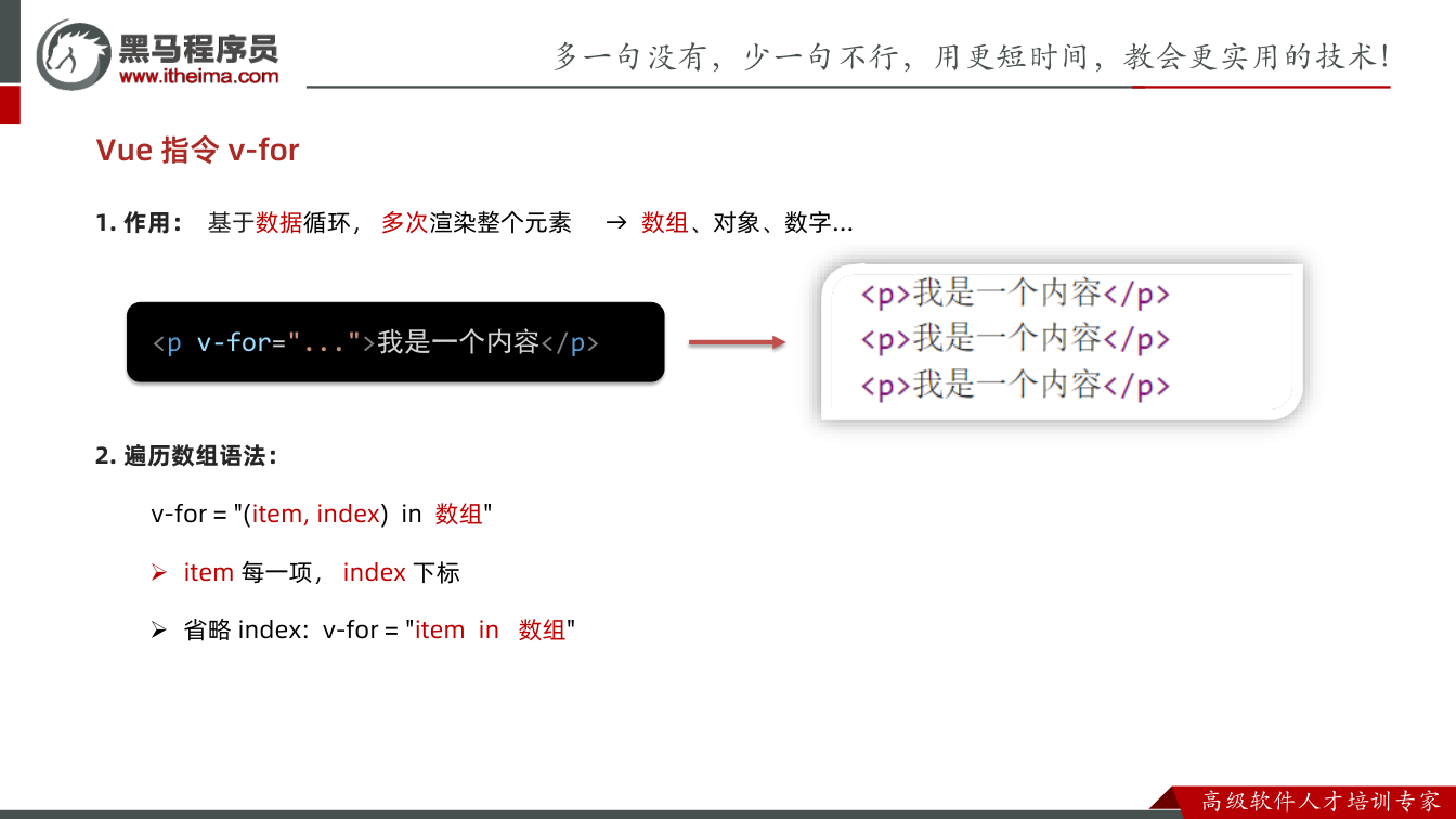 课件第44页：Vue 指令v-for 1. 作用：基于数据循环，多次渲染整个元素 2. 遍历数