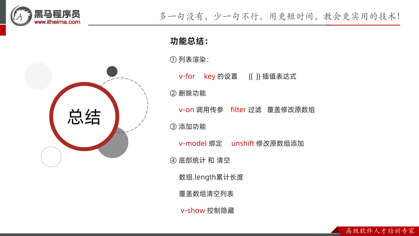 课件第56页：总结 总结 功能总结： ①列表渲染： v-for key 的设置   插