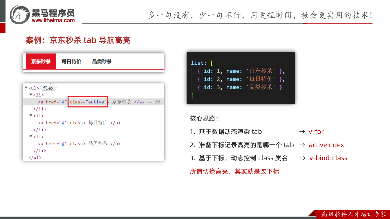 课件第9页:案例:京东秒杀tab 导航高亮 核心思路: 1. 基于数据动态渲染tab → v