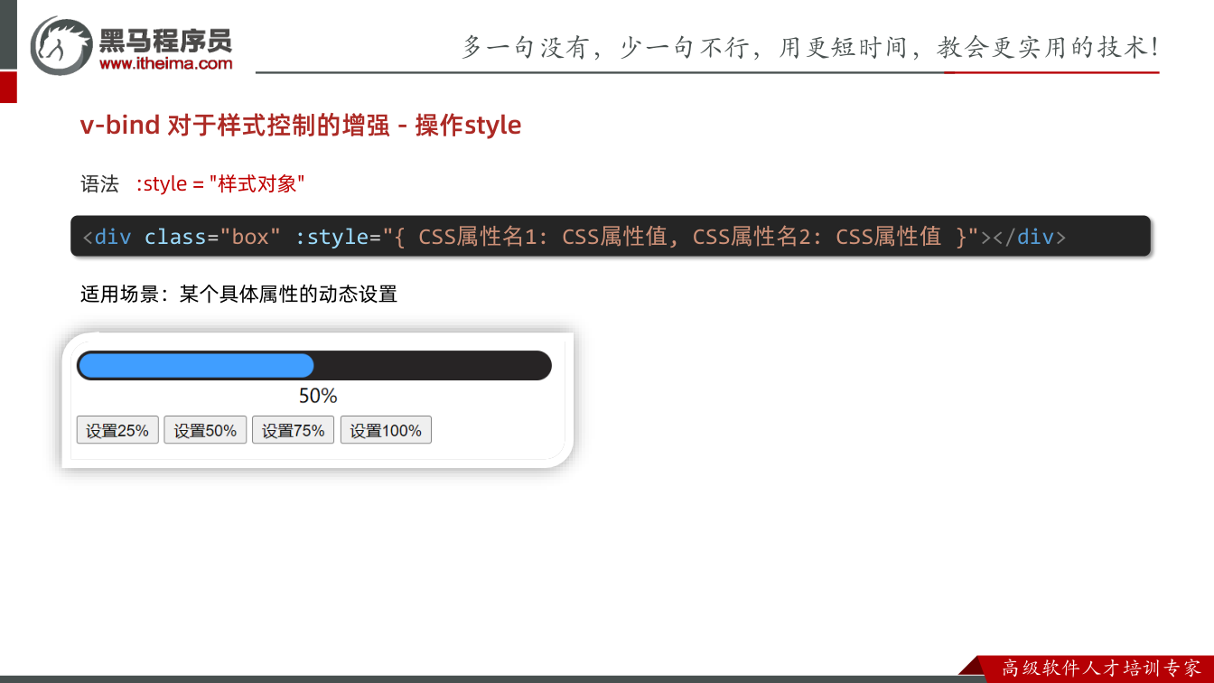 课件第10页:语法:style = "样式对象" v-bind 对于样式控制的增强- 操作st