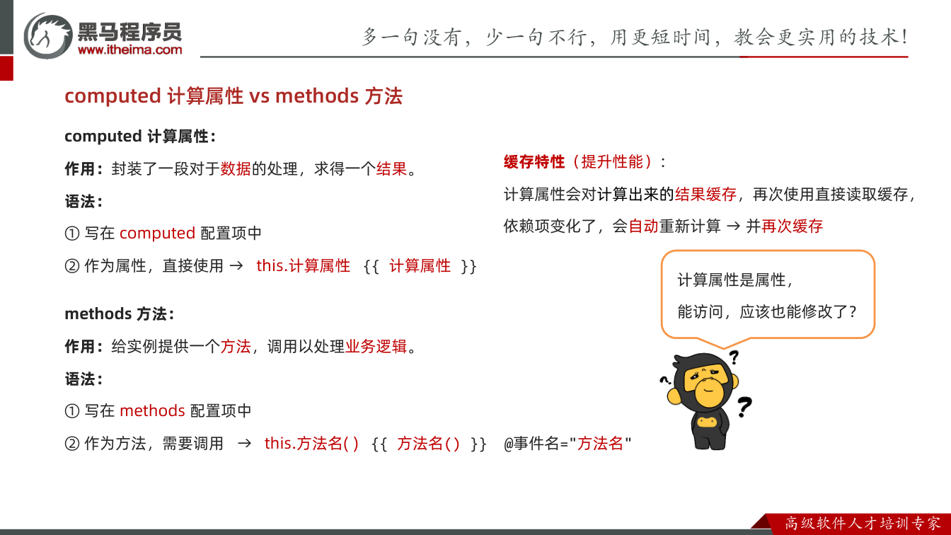 课件第14页:计算属性 data: { list: { id: 1, name: '篮球'
![课件第16页:computed 计算属性vs methods 方法 computed 计算属性