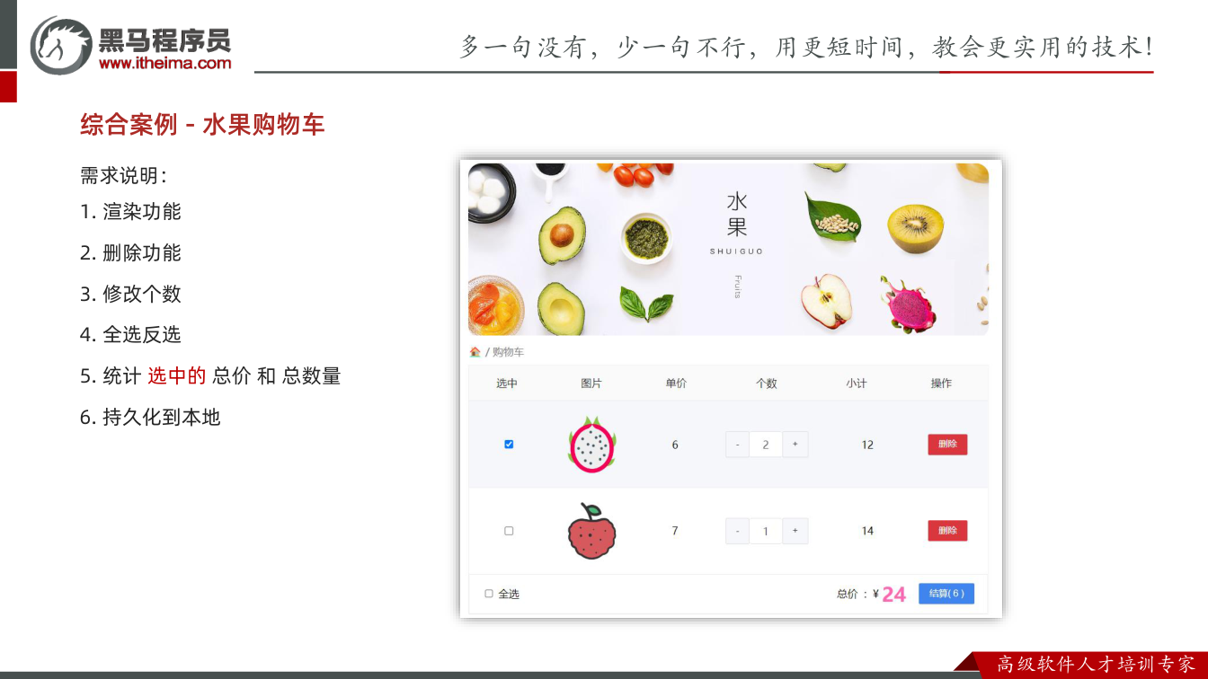 课件第28页：综合案例- 水果购物车 需求说明： 1. 渲染功能 2. 删除功能 3. 修改个