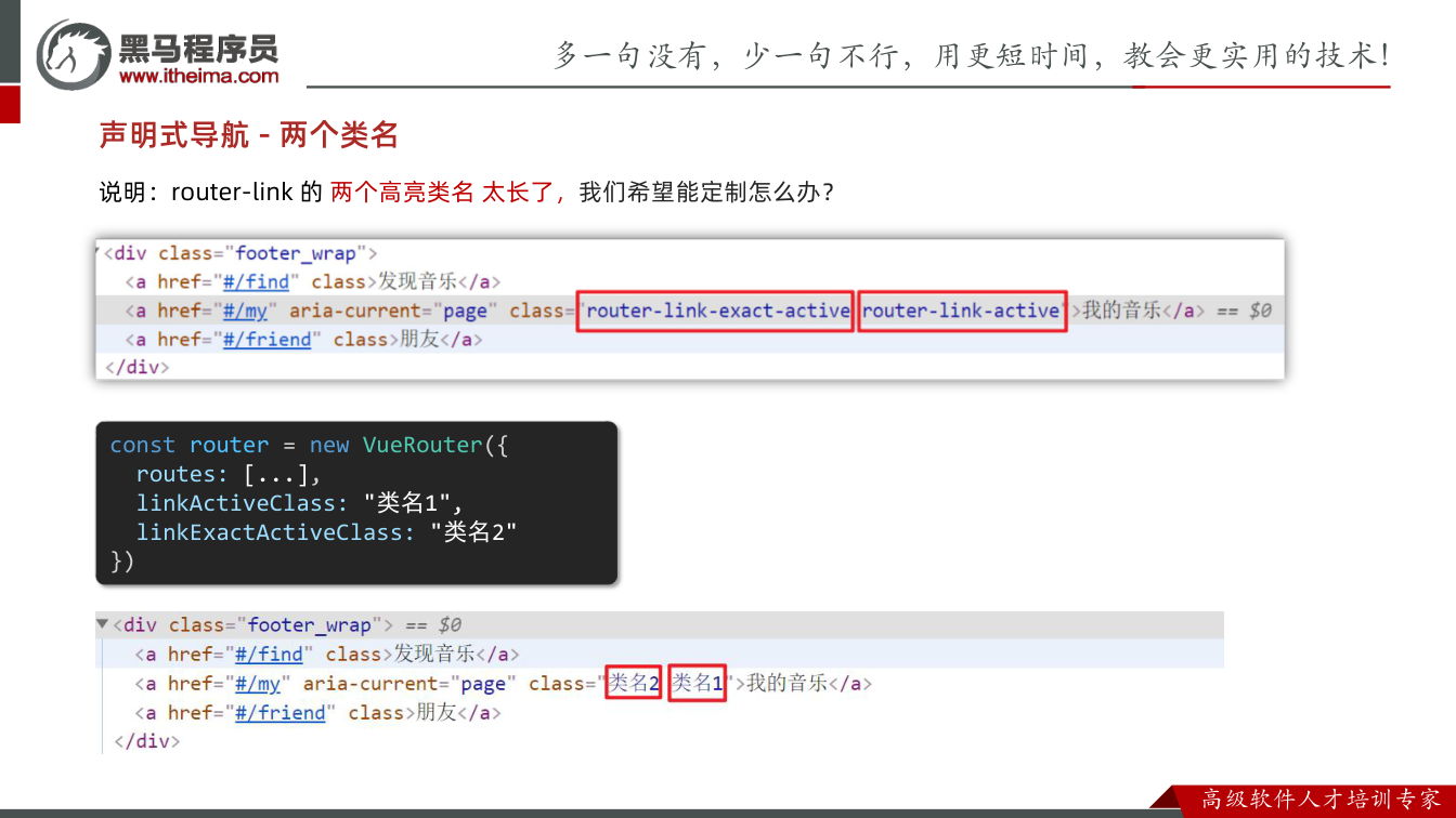 课件第15页：声明式导航 - 两个类名 说明：router-link 的 两个高亮类名 太长了