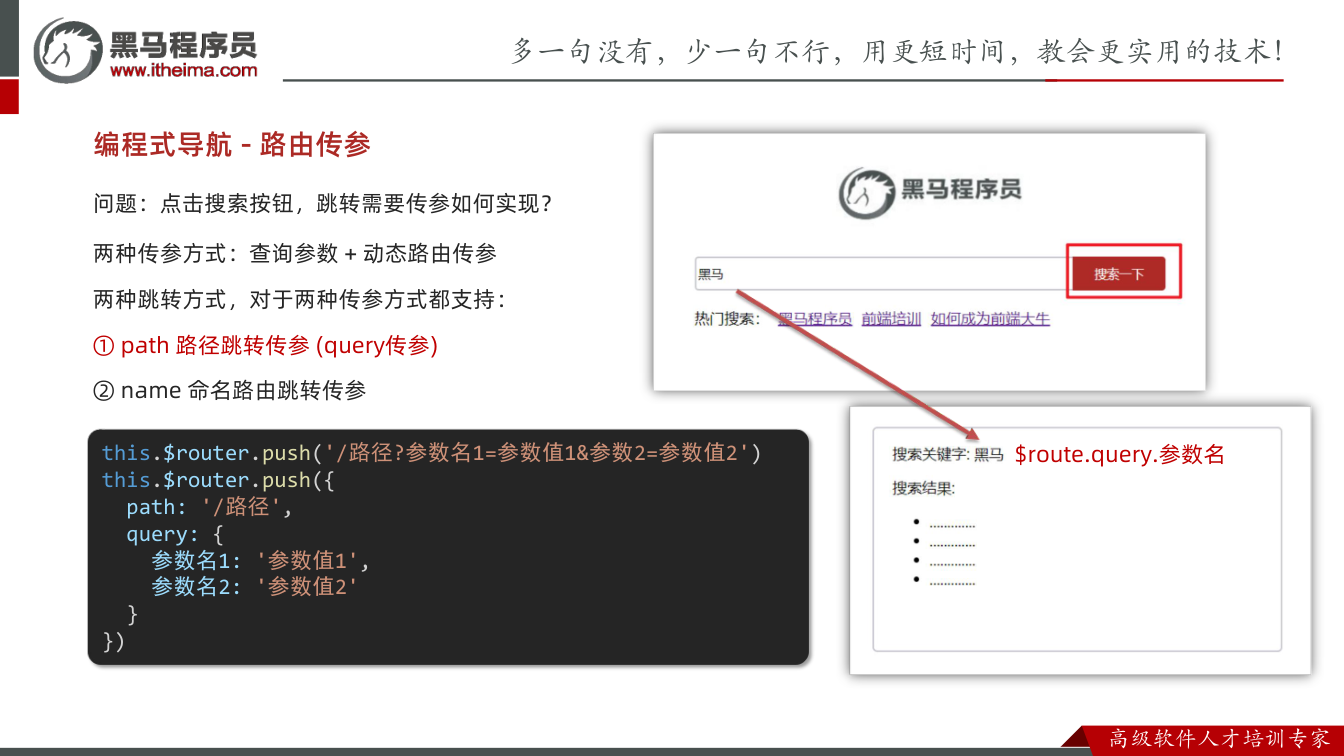 课件第35页:两种传参方式:查询参数 + 动态路由传参 两种跳转方式,对于两种传参方式都支持: