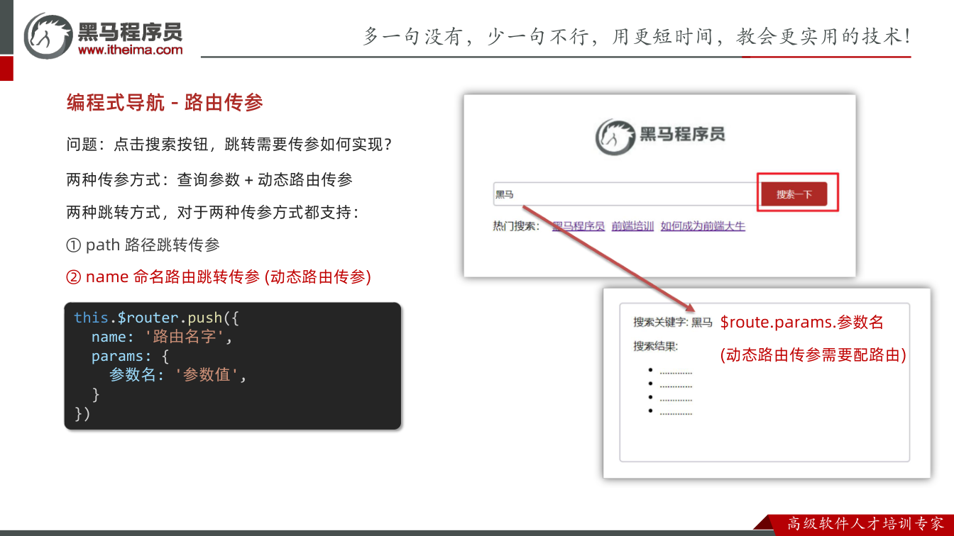 课件第38页:两种传参方式:查询参数 + 动态路由传参 两种跳转方式,对于两种传参方式都支持: