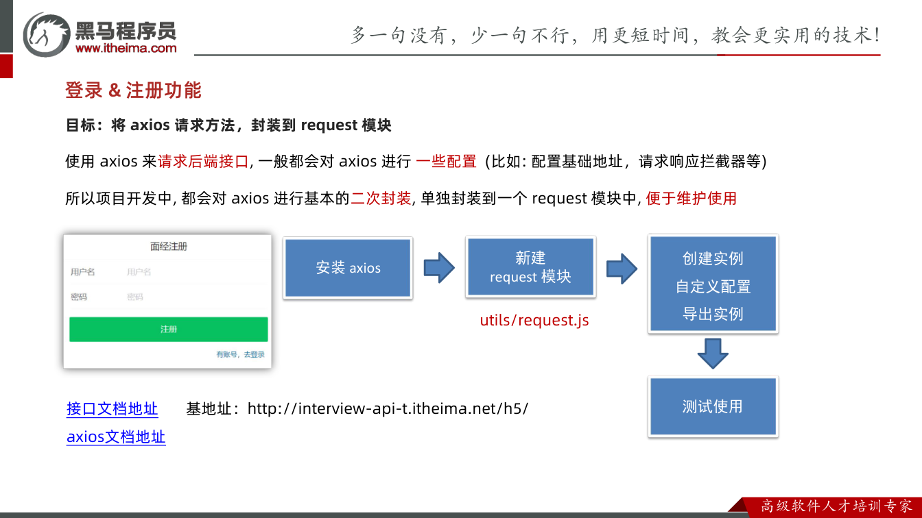 课件第21页：目标：将 axios 请求方法，封装到 request 模块 登录 & 注册功能