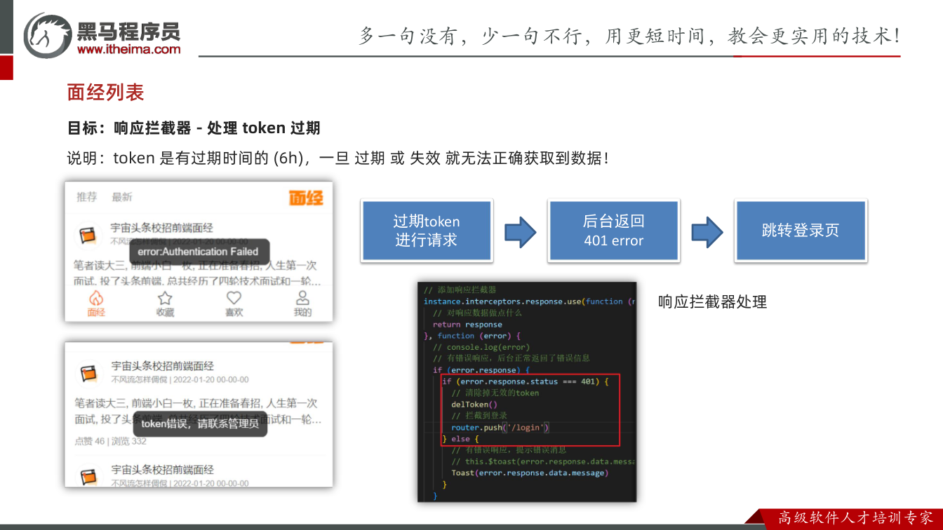 课件第34页:目标:响应拦截器 - 处理 token 过期 面经列表 说明:token 是有过