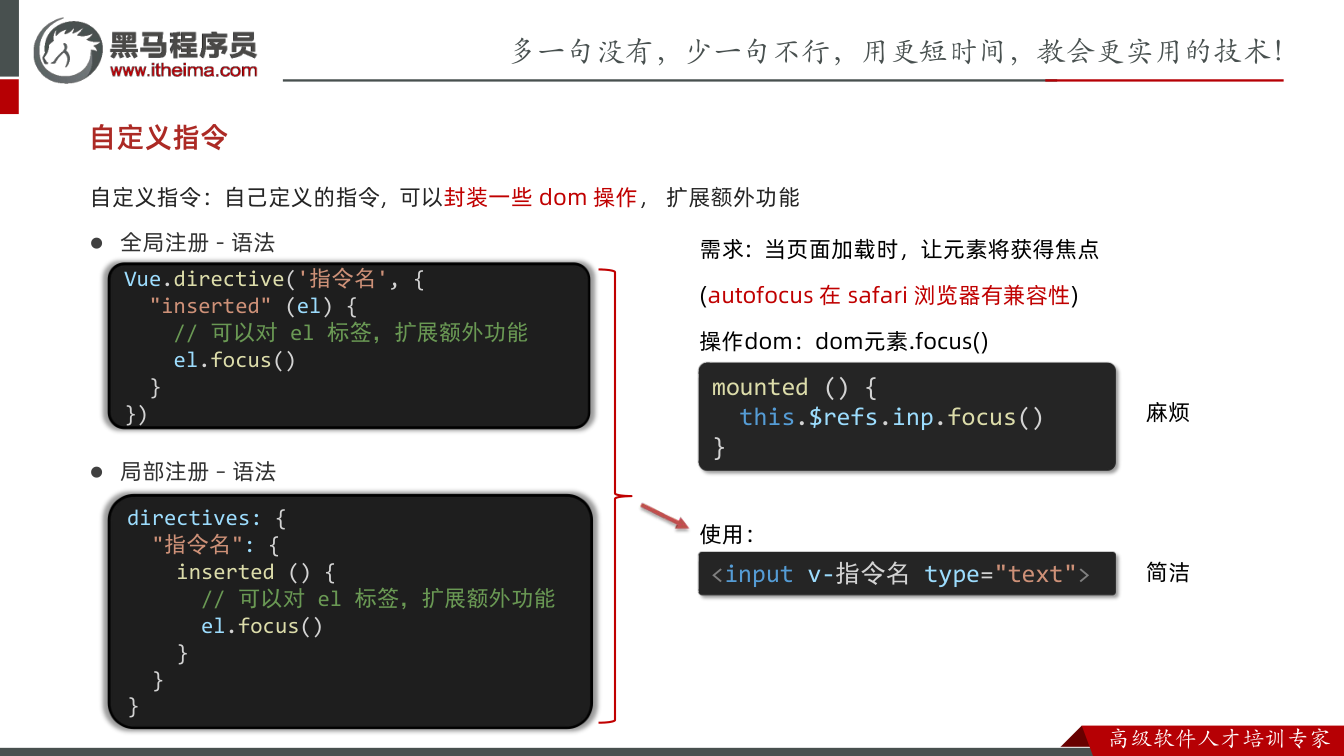 课件第6页：自定义指令：自己定义的指令, 可以封装一些 dom 操作， 扩展额外功能 l 全