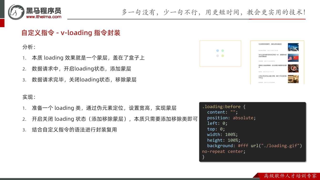 课件第12页：自定义指令 - v-loading 指令封装 分析： 1. 本质 loading