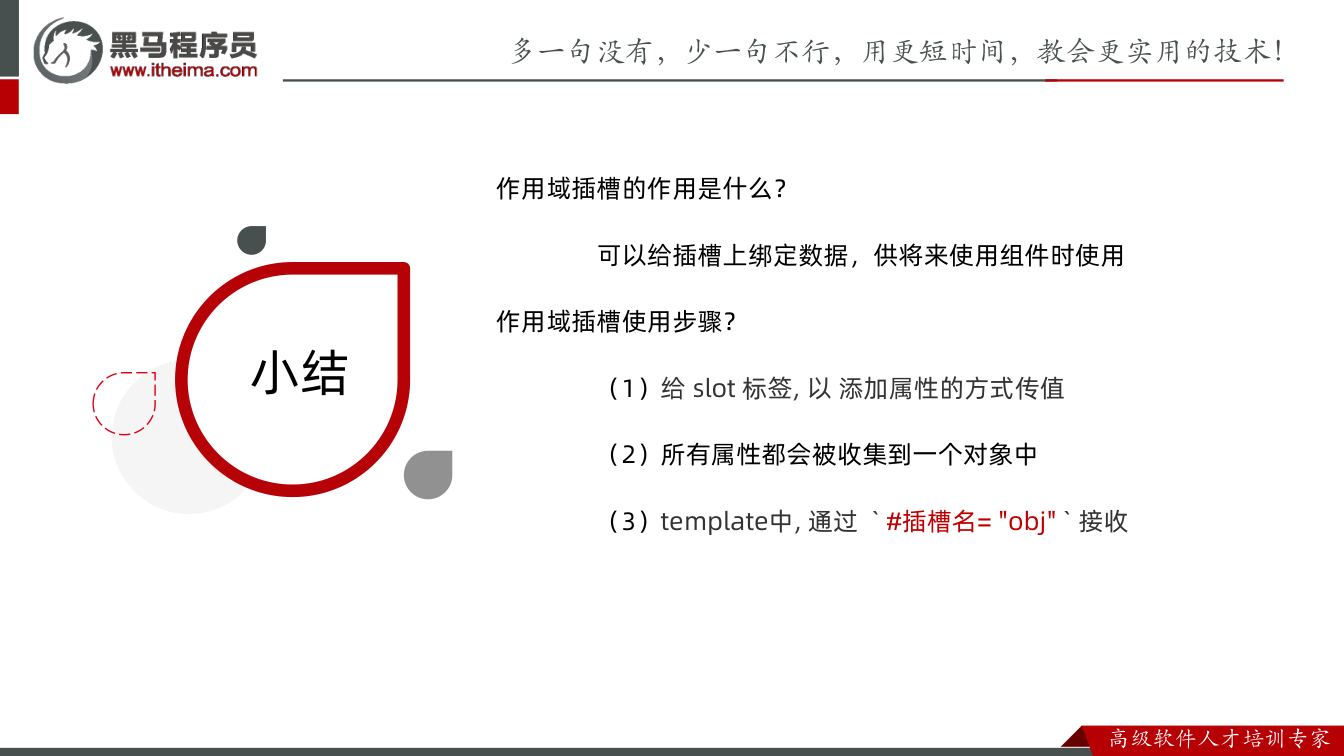 课件第27页:总结 小结 作用域插槽的作用是什么? 可以给插槽上绑定数据,供将来使用组件时使用