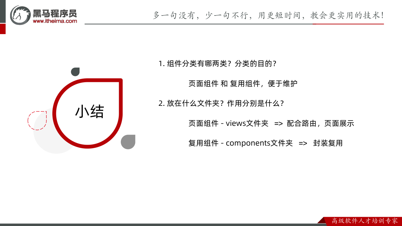 课件第48页：总结 小结 1. 组件分类有哪两类？分类的目的？ 页面组件 和 复用组件，便于维