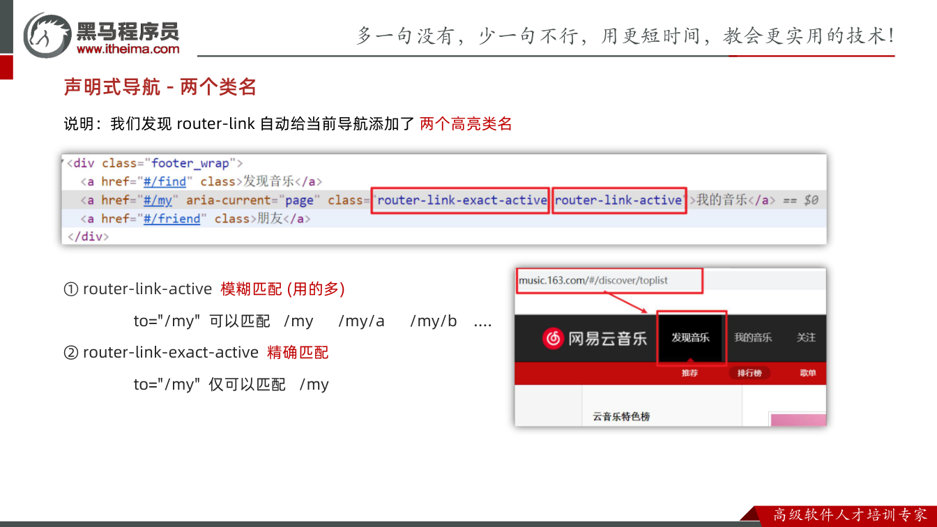课件第12页:① router-link-active 模糊匹配 (用的多) to="/my"