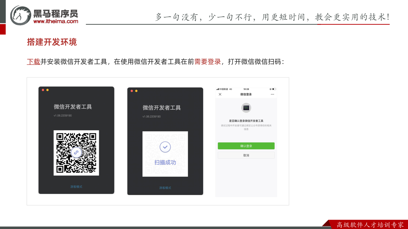 课件第14页：多⼀句没有，少⼀句不⾏，用更短时间，教会更实用的技术！ ⾼级软件⼈才培训专家 搭