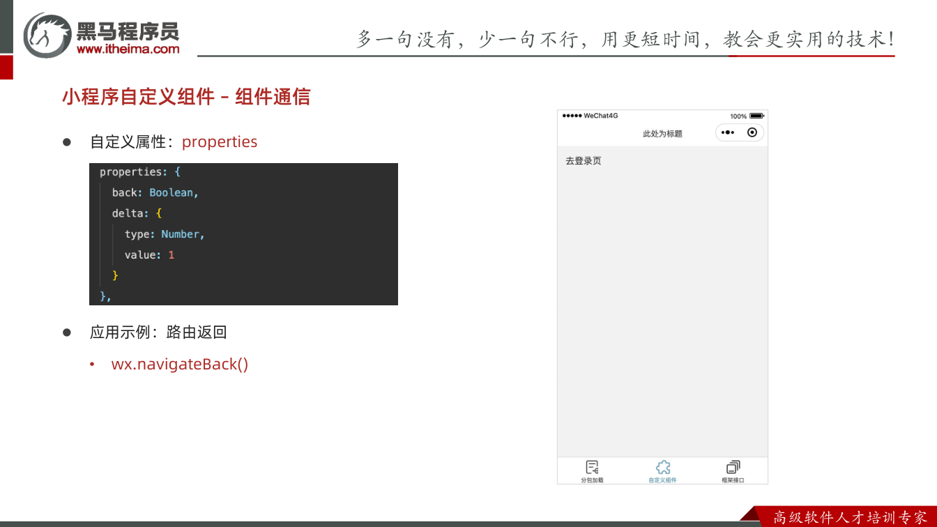 课件第12页：多⼀句没有，少⼀句不⾏，用更短时间，教会更实用的技术！ ⾼级软件⼈才培训专家 l