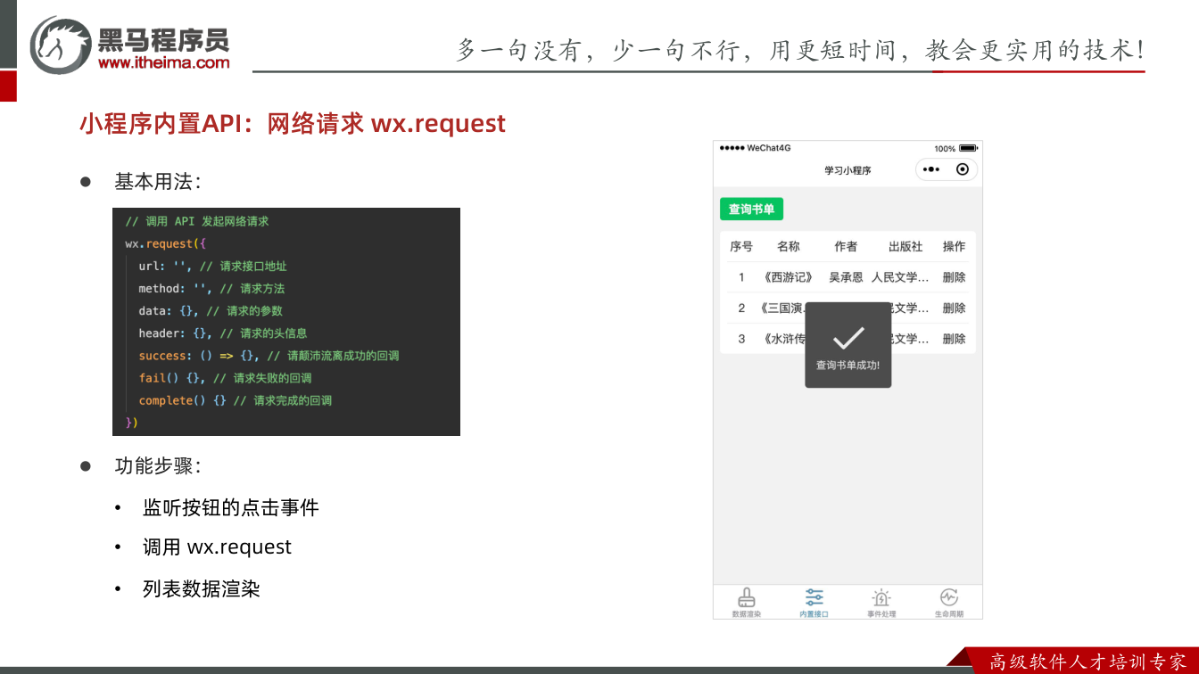 课件第10页：多⼀句没有，少⼀句不⾏，用更短时间，教会更实用的技术！ ⾼级软件⼈才培训专家 l