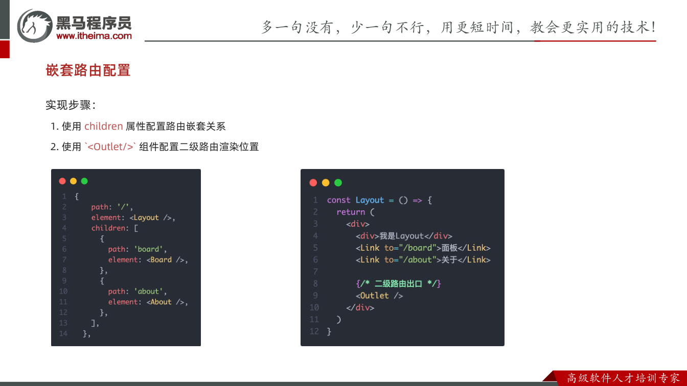 课件第15页:嵌套路由配置 实现步骤: 1. 使用 children 属性配置路由嵌套关系 2