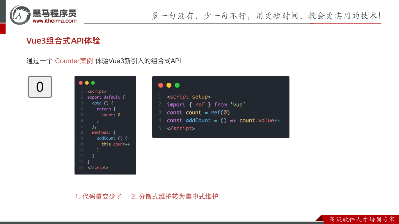 课件第3页：Vue3组合式API体验 通过一个 Counter案例 体验Vue3新引入的组合