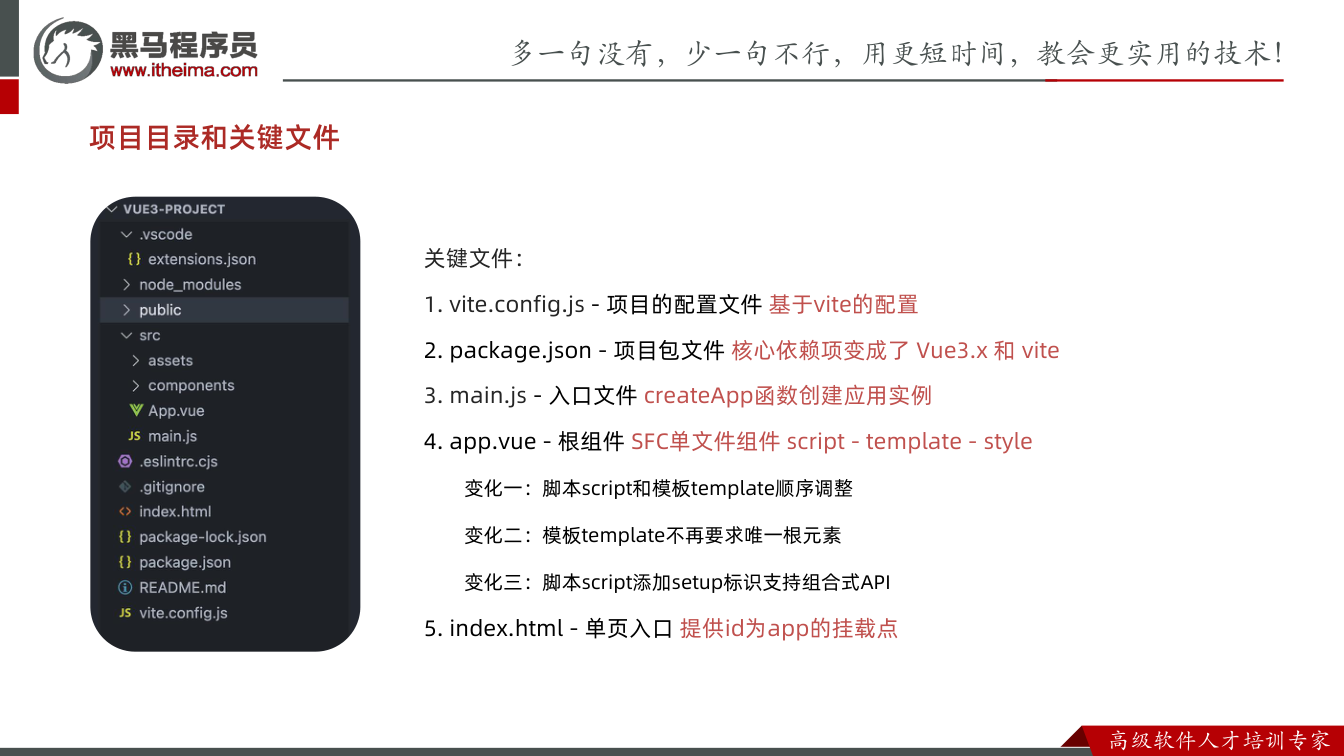 课件第9页:项目目录和关键文件 关键文件: 1. vite.config.js - 项目的配