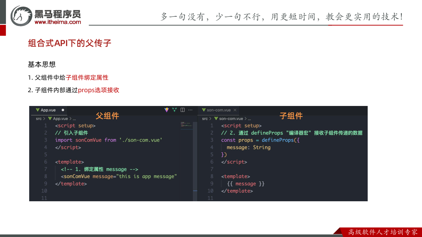 课件第37页：基本思想 1. 父组件中给子组件绑定属性 2. 子组件内部通过props选项接收