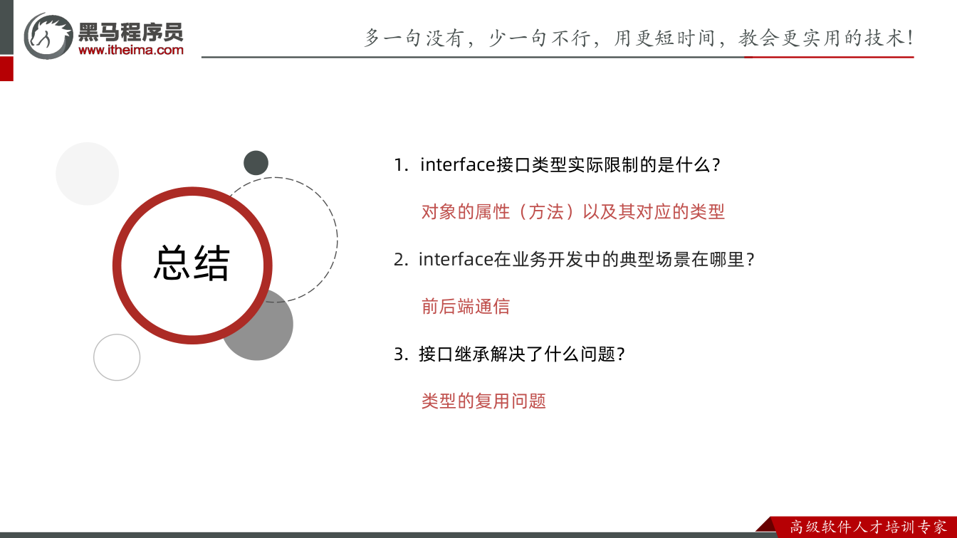 课件第39页：总结 总结 1. interface接口类型实际限制的是什么？ 对象的属性（方法