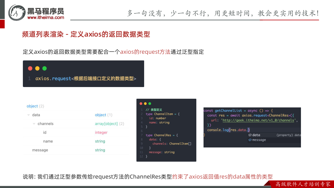 课件第52页：频道列表渲染 - 定义axios的返回数据类型 定义axios的返回数据类型需要