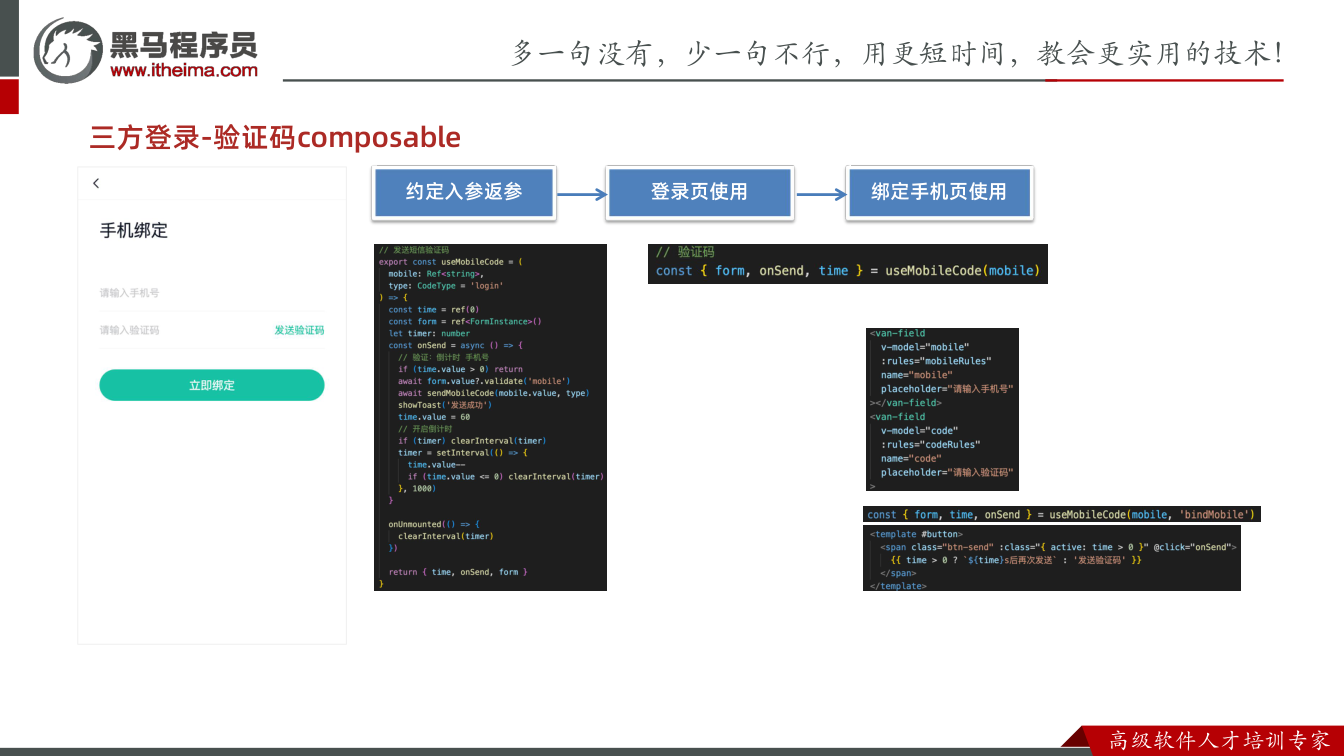 课件第9页:三方登录-验证码composable 约定入参返参 登录页使用 绑定手机页使用